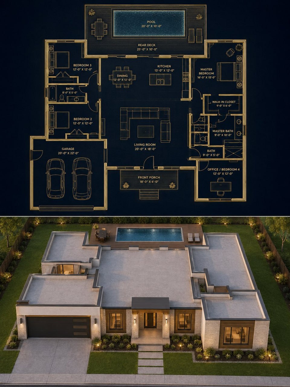2D floor plan transformed into a photoreal 3D luxury home render