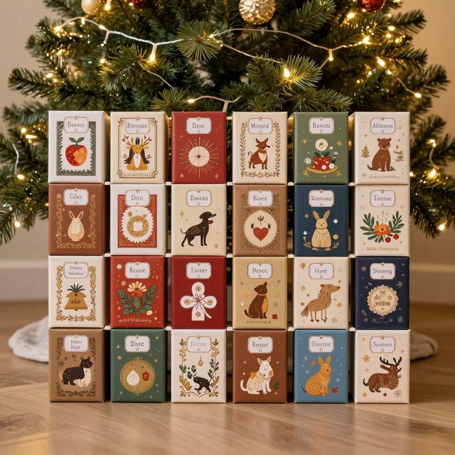 Advent calendar of wrapped books under a Christmas tree