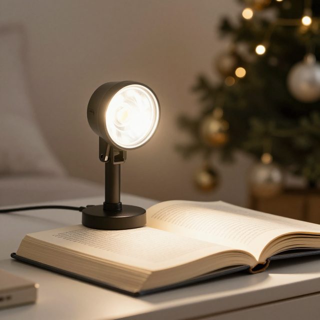 Small book light on an open book by a Christmas tree