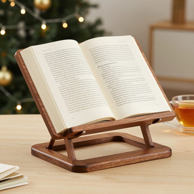 Wooden book stand holding an open book with tea