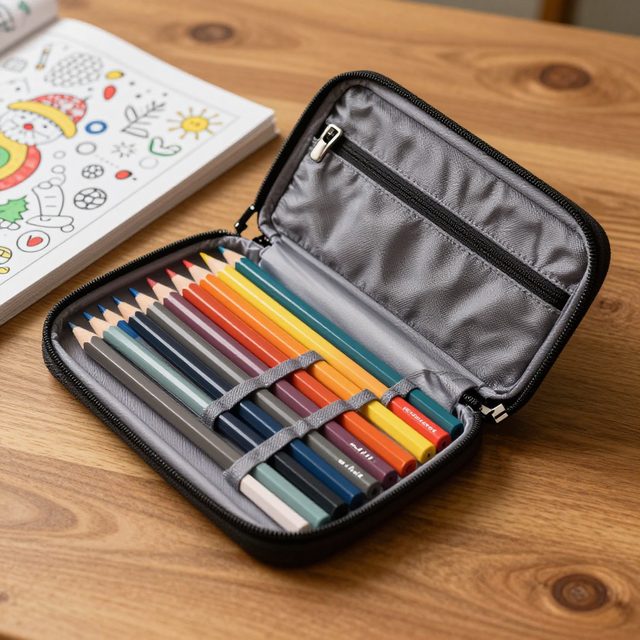 Open pencil case full of coloured pencils