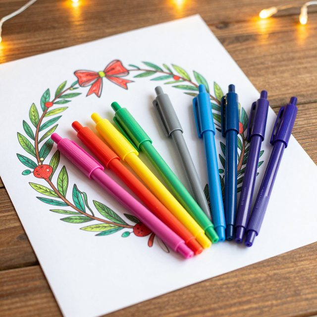 Gel pens fanned out on a wreath colouring page