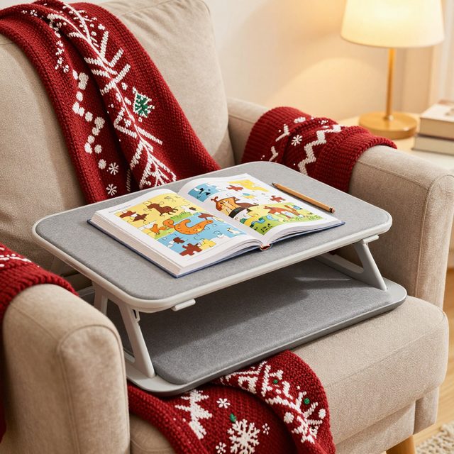 Cushioned lap desk with a puzzle book on an armchair