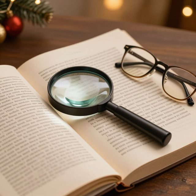 Lighted magnifying glass on an open book with glasses