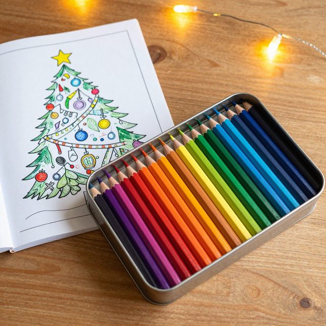 Open tin of coloured pencils beside a Christmas tree colouring page