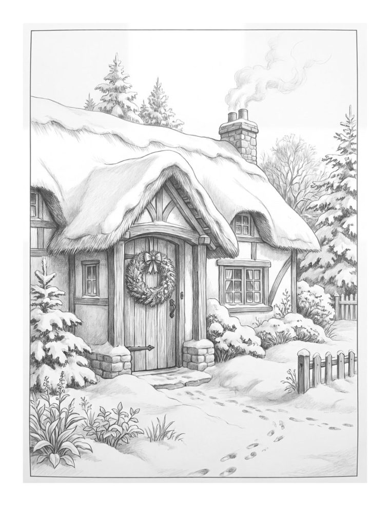 Grayscale colouring page: a snowy cottage