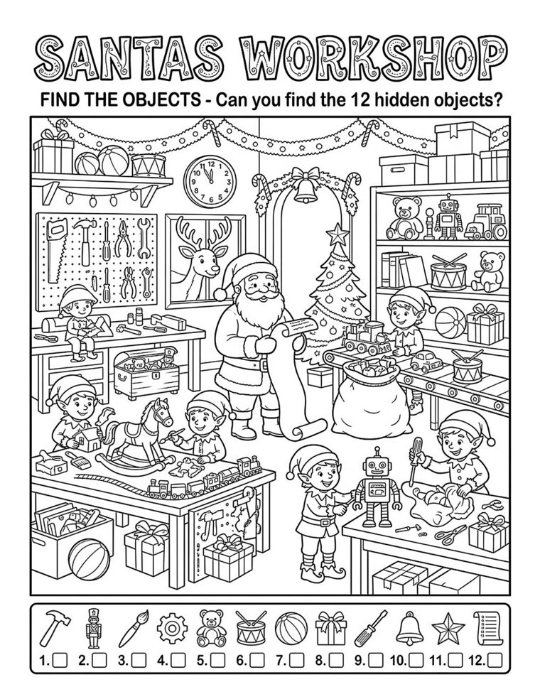 Seek and find page: Santa's workshop