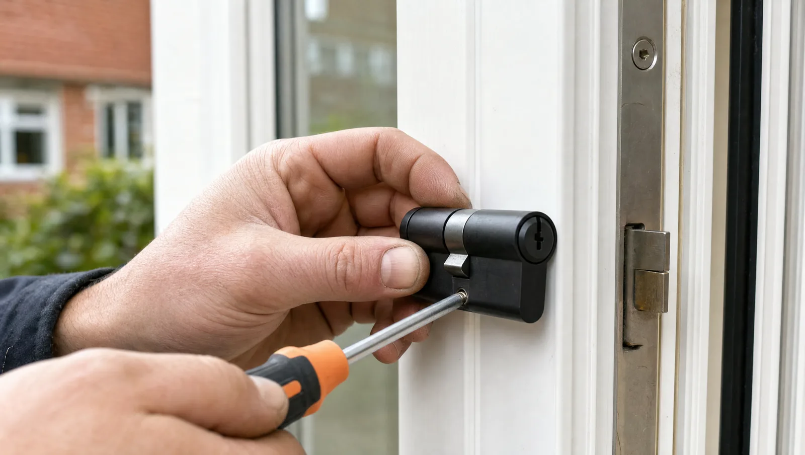 Locksmith installing a black anti-snap euro cylinder lock in a white UPVC door
