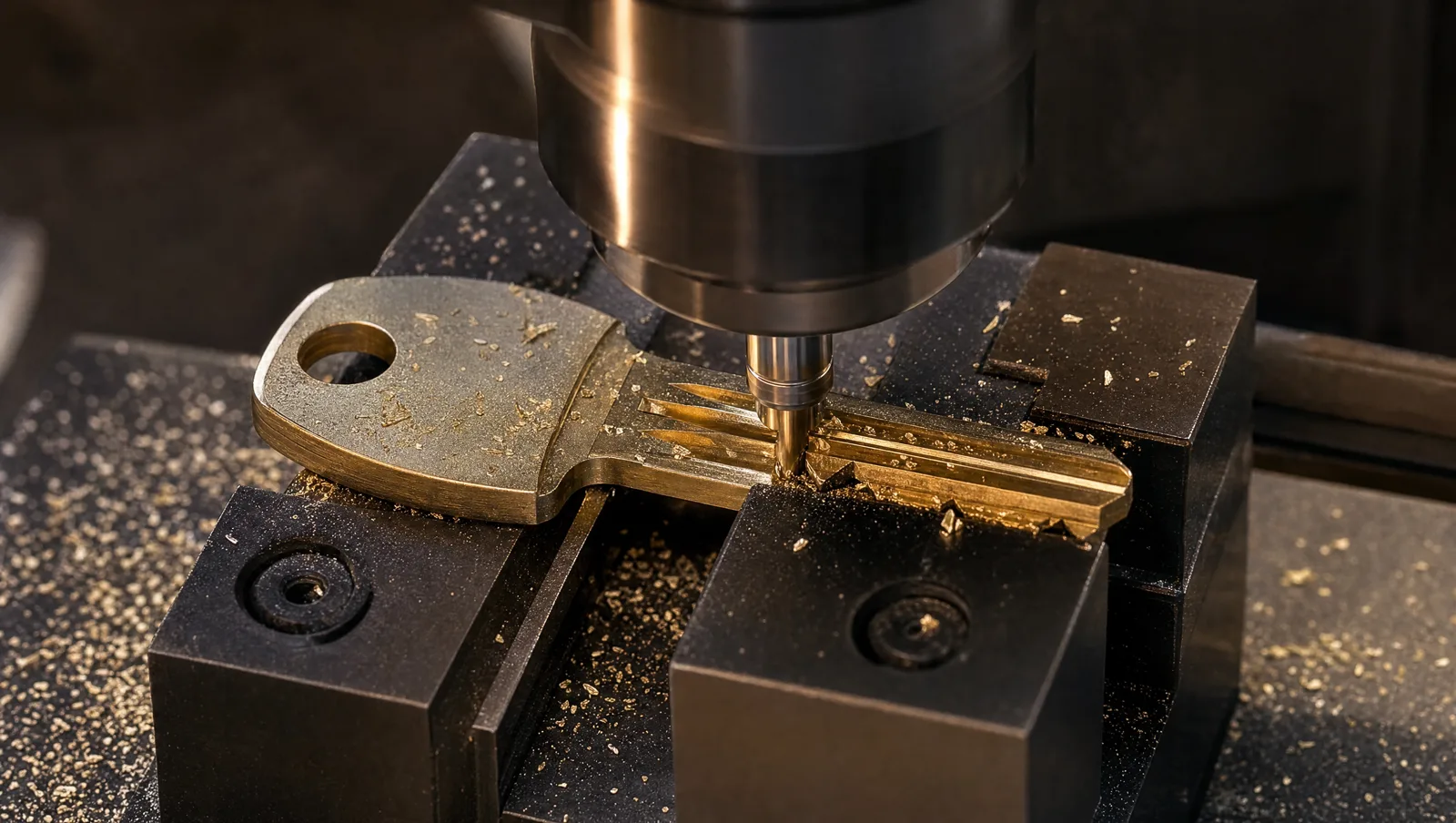 Brass car key blank being cut on a precision key cutting machine, fine metal shavings visible