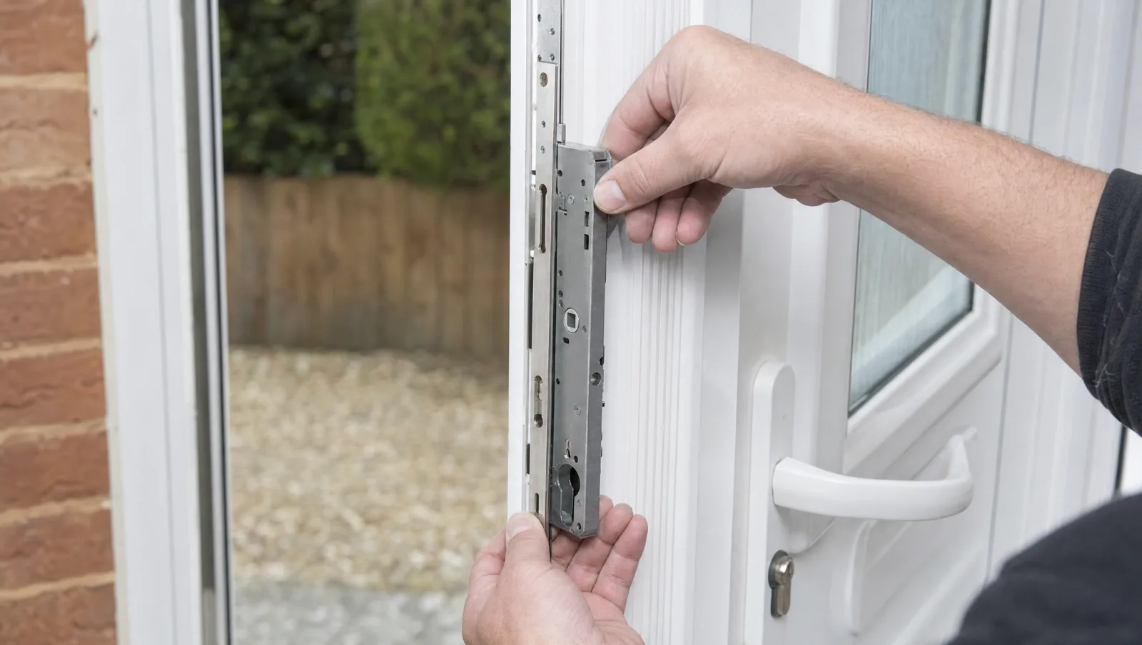 Locksmith fitting a UPVC multipoint lock gearbox into the edge of a white UPVC door