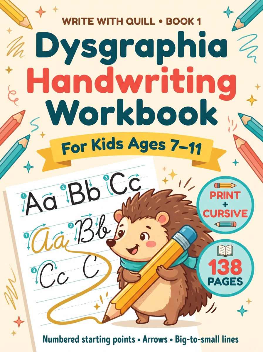 Dysgraphia Handwriting Workbook for Kids Ages 7-11: Print Practice and a Cursive Starter with Numbered Starting Points, Arrows, and Big-to-Small Lines cover