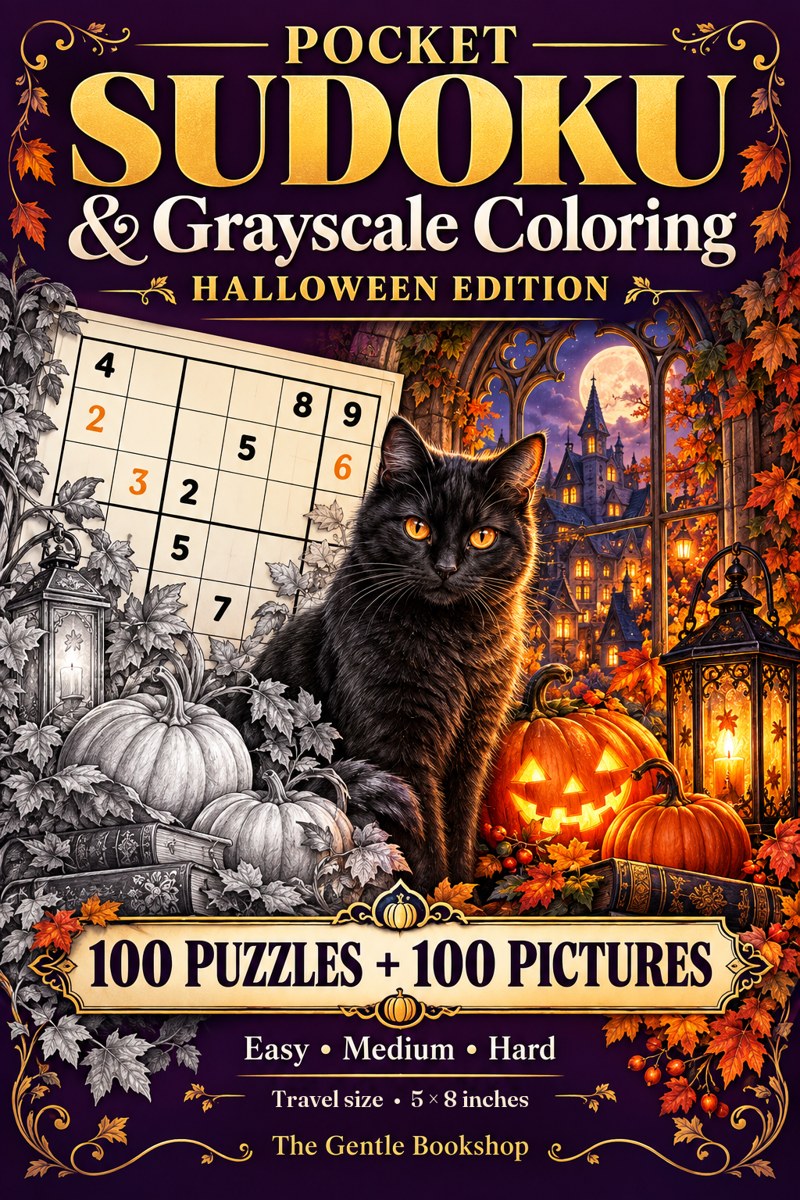 Pocket Sudoku & Grayscale Coloring: Halloween Edition: 100 Sudoku Puzzles + 100 Grayscale Pictures to Color, Easy to Hard, Travel Size 5 x 8 Inches cover