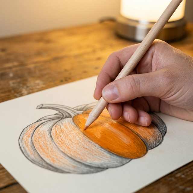 Colourless blender pencil smoothing orange shading on a pumpkin