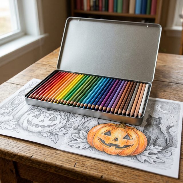 Open tin of soft coloured pencils on a grayscale pumpkin page