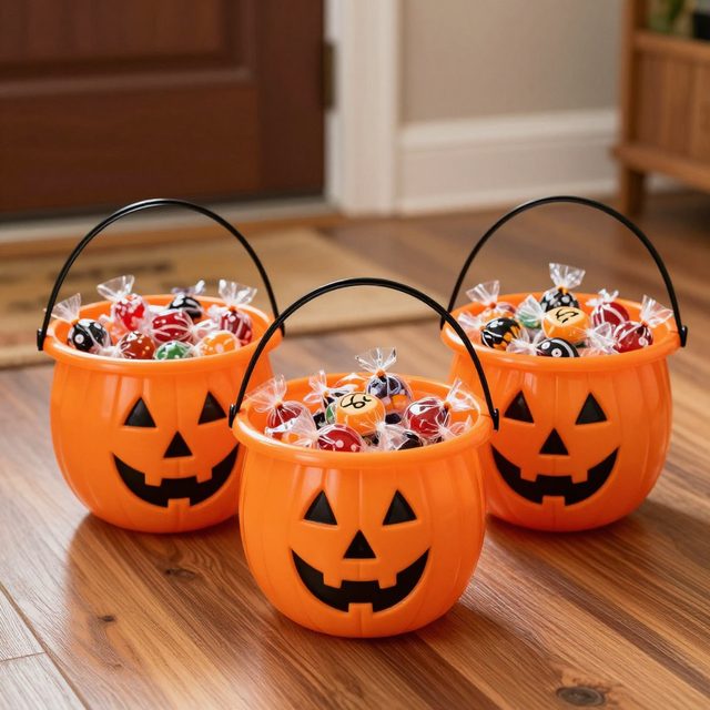 Three pumpkin trick or treat buckets full of candy