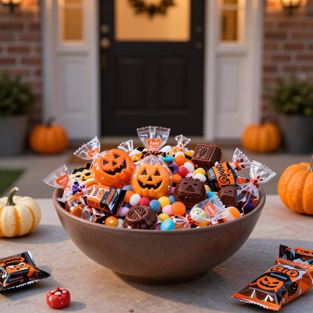 Bowl of wrapped Halloween candy by a front door