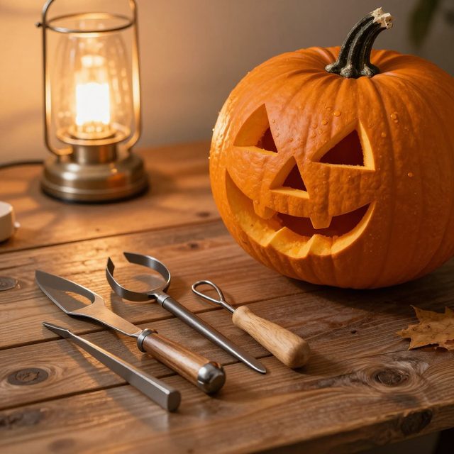 Pumpkin carving tools beside a carved jack-o-lantern