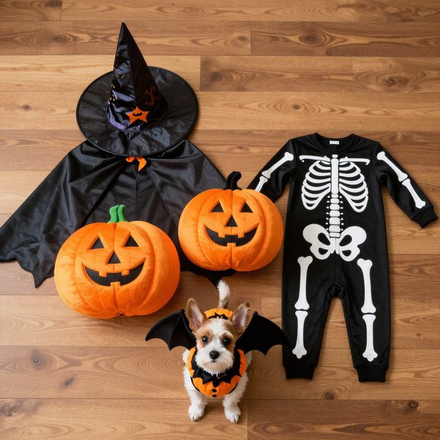 Witch, skeleton and pumpkin costumes with a dog in bat wings