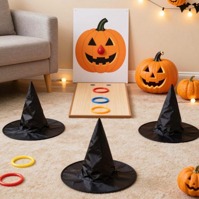 Witch hat ring toss and pin the nose on the pumpkin game