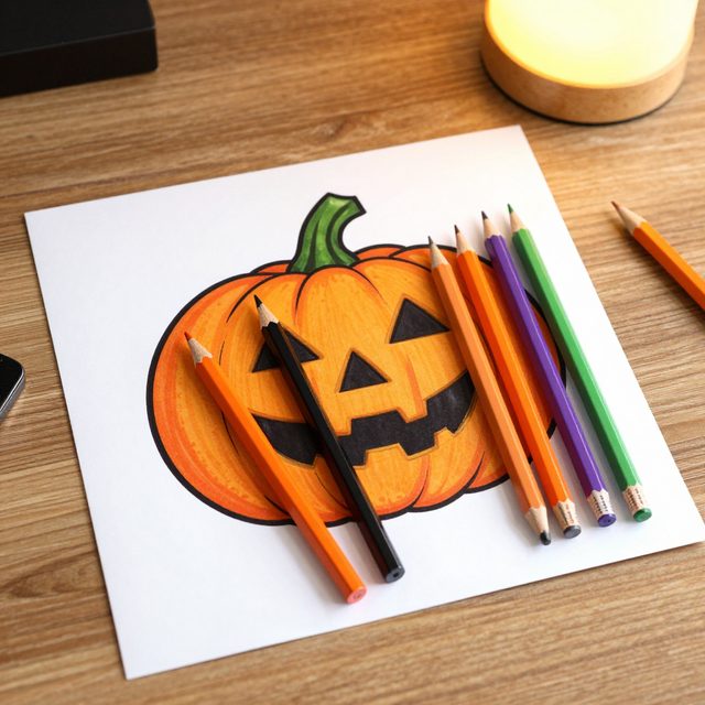 Orange and black pencils on a pumpkin colouring page