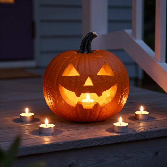 LED tea lights glowing in a jack-o-lantern on a porch