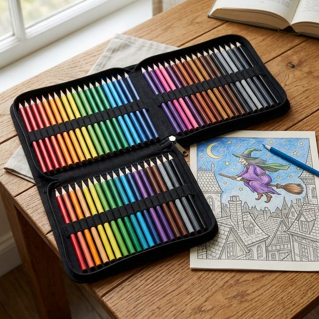 Open 72-slot pencil case beside a witch colouring page