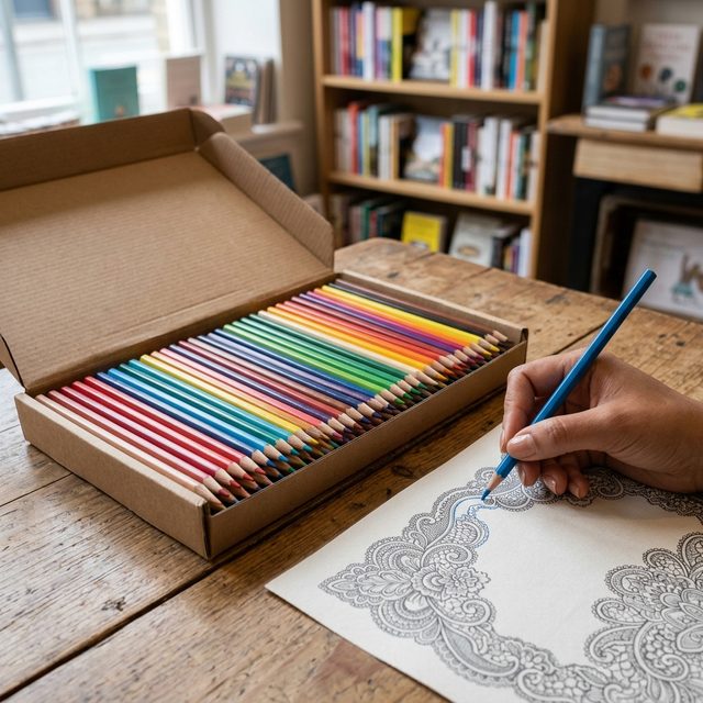 Box of 72 coloured pencils, one drawing a fine line on a lace page