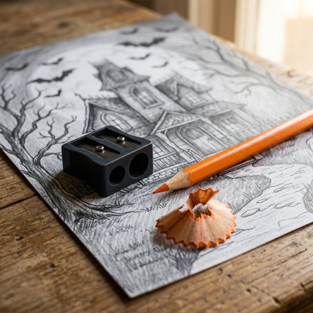 Two-hole sharpener, sharpened pencil and shavings on a haunted house page