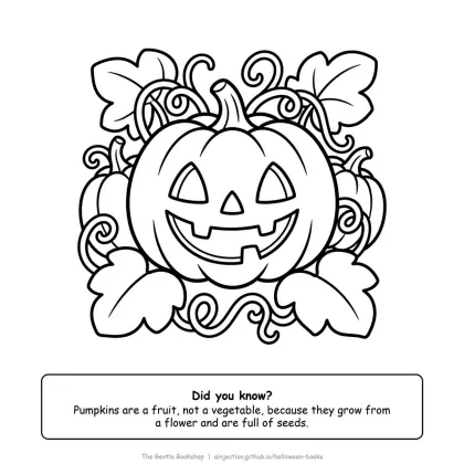 Jack-o'-lantern pumpkin sitting in a pumpkin patch with curly vines and leaves, Halloween coloring page for adults