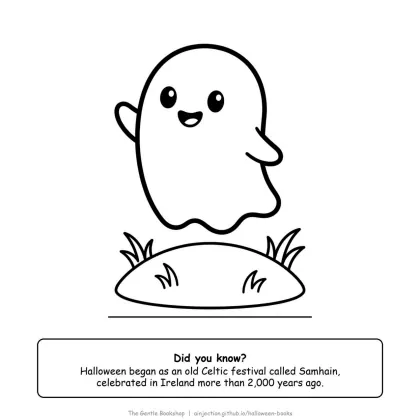 Little ghost waving hello, floating over a small hill, Halloween coloring page for adults