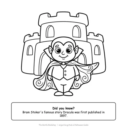 Count Dracula in a big swirling cape standing in front of his spooky castle, Halloween coloring page for adults