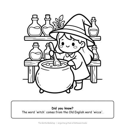 Witch stirring a bubbling cauldron with potion bottles on a shelf behind her, Halloween coloring page for adults