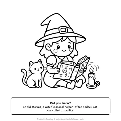 Witch reading a big spell book by a candle, with her black cat beside her, Halloween coloring page for adults
