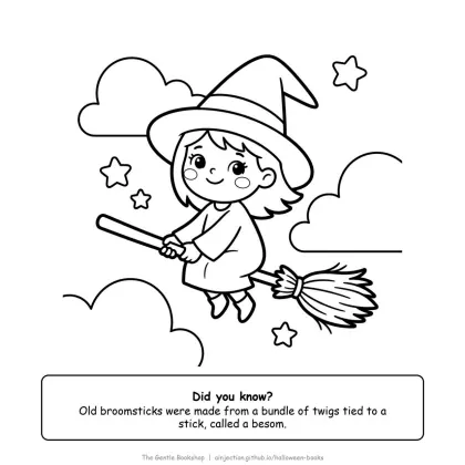 Witch girl in a big pointy hat flying on a broomstick, Halloween coloring page for adults