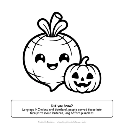 Turnip lantern with a happy face next to a small pumpkin, Halloween coloring page for adults