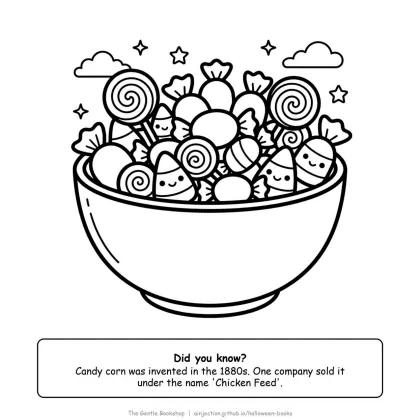 Big bowl overflowing with wrapped candy and candy corn, Halloween coloring page for adults