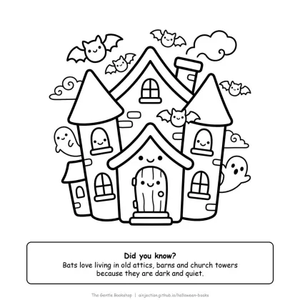 Haunted house with bats flying around the roof, Halloween coloring page for adults