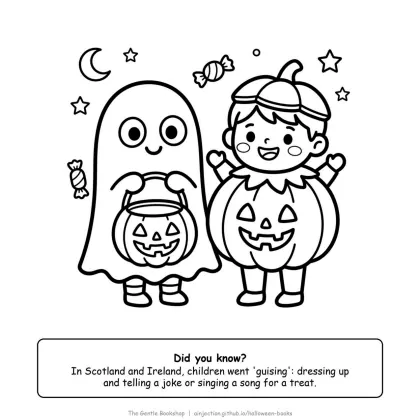 Children in costumes, a ghost and a pumpkin, holding treat buckets, Halloween coloring page for adults