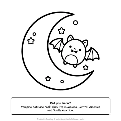 Vampire bat with tiny fangs flying past the moon, Halloween coloring page for adults