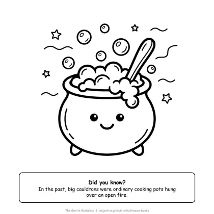 Cauldron with a wooden spoon and bubbles floating up, Halloween coloring page for adults
