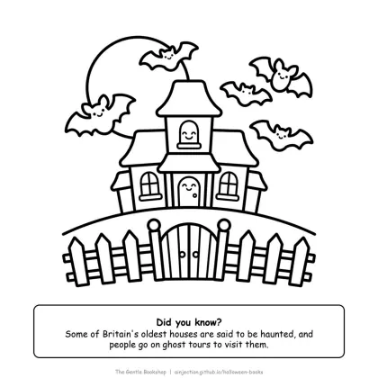 Mansion on a hill with bats, a crooked gate and a full moon, Halloween coloring page for adults