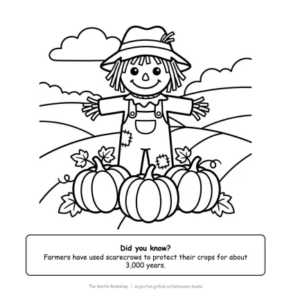 Scarecrow in a field with pumpkins at its feet, Halloween coloring page for adults