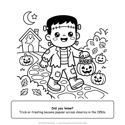Frankenstein monster trick-or-treating, holding a jack-o'-lantern candy bucket, Halloween coloring page for adults