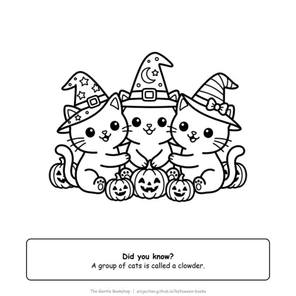 Group of three cute kittens wearing little witch hats, Halloween coloring page for adults