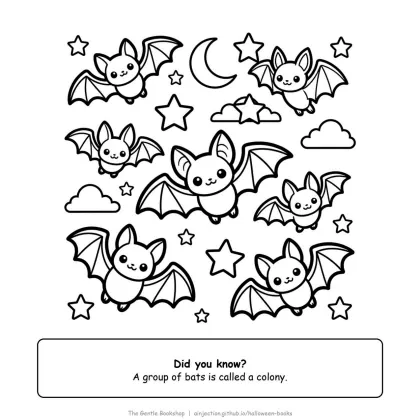 Colony of cute bats flying across a starry sky, Halloween coloring page for adults