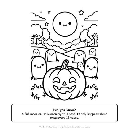 Graveyard with friendly smiling tombstones, a jack-o'-lantern and a full moon, Halloween coloring page for adults
