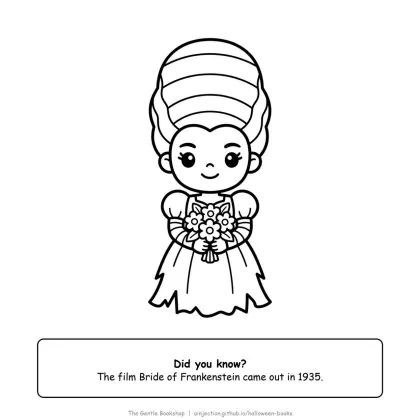 Bride of Frankenstein with tall striped hair and a big smile, Halloween coloring page for adults