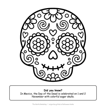Sugar skull with flowers and swirls, Halloween coloring page for adults