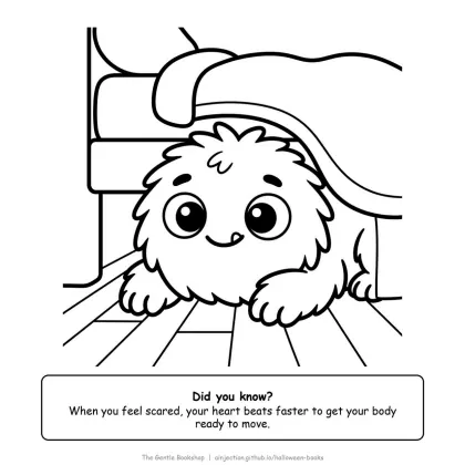 Monster peeking out from under a bed, Halloween coloring page for adults