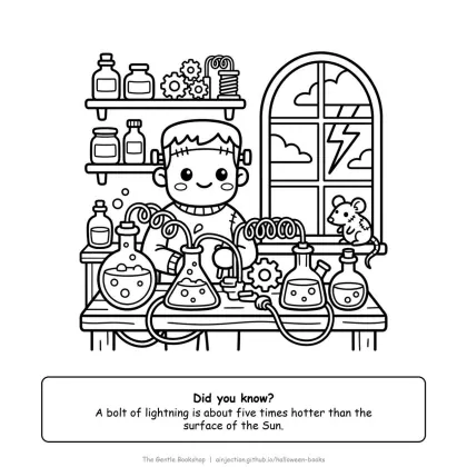 Frankenstein laboratory with bubbling bottles and a lightning bolt through the window, Halloween coloring page for adults